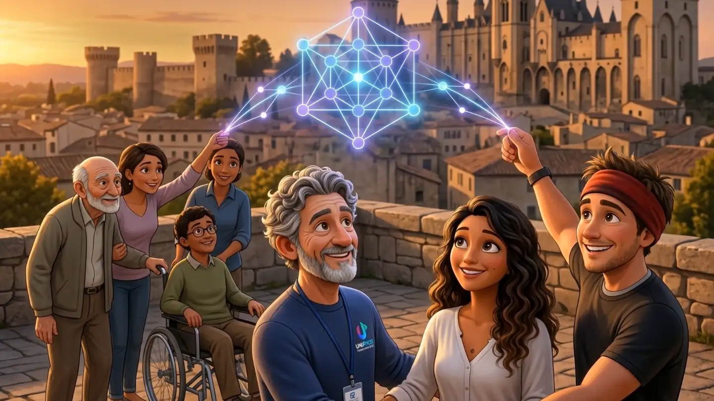 Le trio entouré d'un groupe intergénérationnel, un réseau lumineux relié à leurs mains au-dessus d'Avignon.