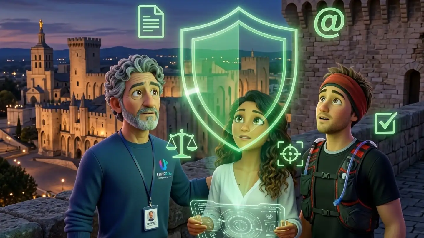 Le trio devant un grand bouclier holographique vert, le Palais des Papes illuminé la nuit en arrière-plan.